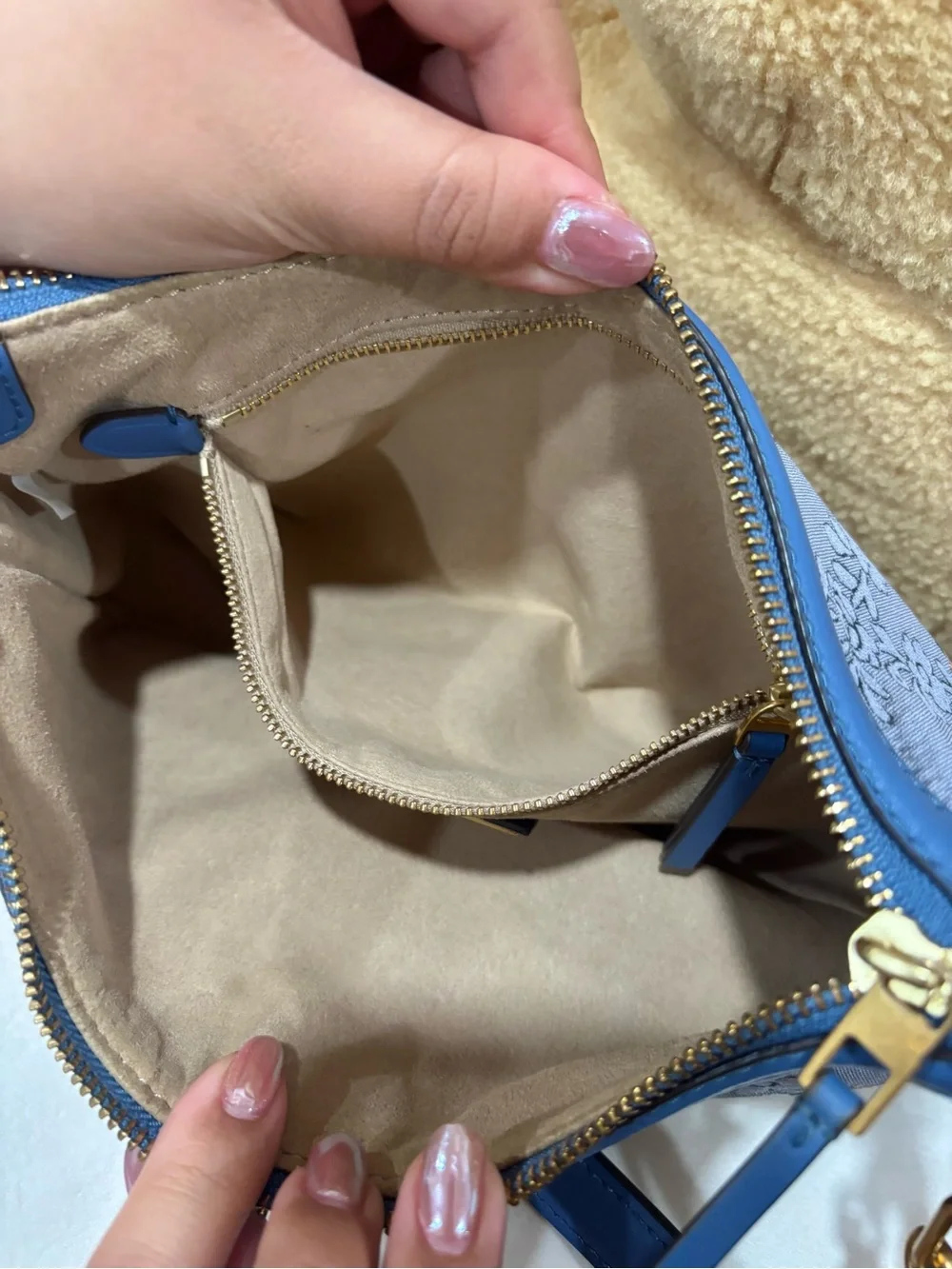 Tory Burch Blue Floral Embroidered Shoulder Bag with Gold Colored Hardware